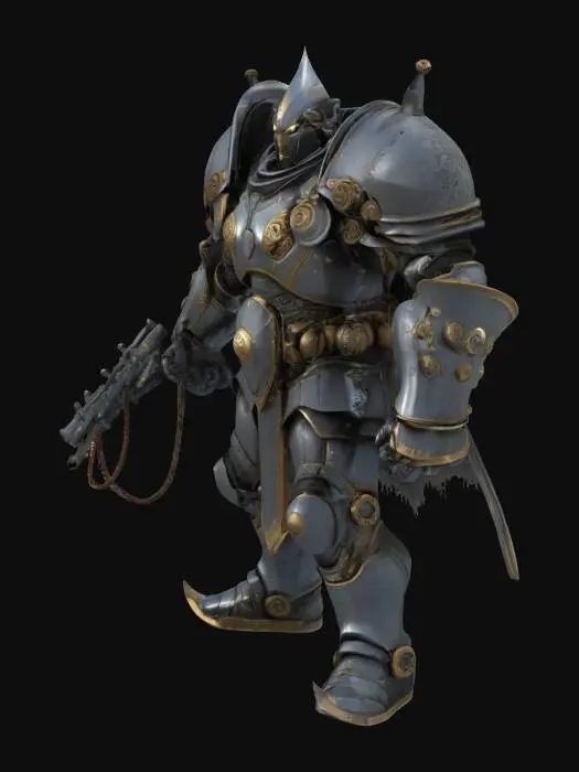 3D model for Flintlock orc Fury Knight: Heavy Gothic plate armor, but gauntlets end in integrated multi-barreled flintlock pistols (like gun-fists). Greathelm visor is a grid of gun-ports revealing glowing eyes. Smoldering match-cords hang from joints. Vibe: Gunpowder Juggernaut, Walking Battleship.