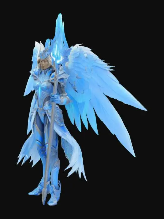 3D model for Cryonic Valkyrie: Armor made of seamless blue crystal that emits freezing mist. Frost permanently adheres to the surface. Wings formed from jagged ice shards. Wields an ice-bladed glaive radiating cold. Vibe: Frozen Vengeance, Absolute Zero.
Descriptors: Refractive blue crystal, etched frost patterns, mist emission points, sharp frozen edges, sub-zero glow. full bod, boots