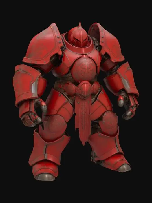 3D model for Arcane Juggernaut: A suit of impossibly heavy, arcane-powered crimson dark red plate armor, covered in glowing white runic seals and trapped arcane energy leaking from joints. Moves with slow, deliberate force, crushing the ground beneath. Vibe: Magical Bulwark, Sealed Power.
Descriptors: Ancient heavy plate, deep-etched glowing runes (emissive), crackling magic leaking from seams, slow ponderous stance.