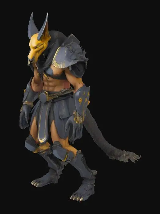 3D model for a powerful anubis-spawn jackal human hybrid race. far future, science fiction, lore made real, armored, reverse knees, bipedal, asymmetrical. powerful, strong, fierce  