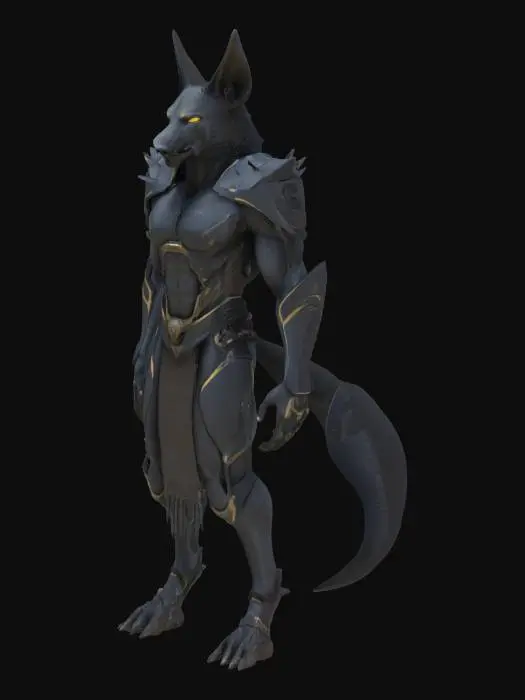 3D model for a powerful anubis-spawn jackal human hybrid race. far future, science fiction, lore made real, armored, reverse knees, bipedal, asymmetrical. powerful, strong, fierce  
