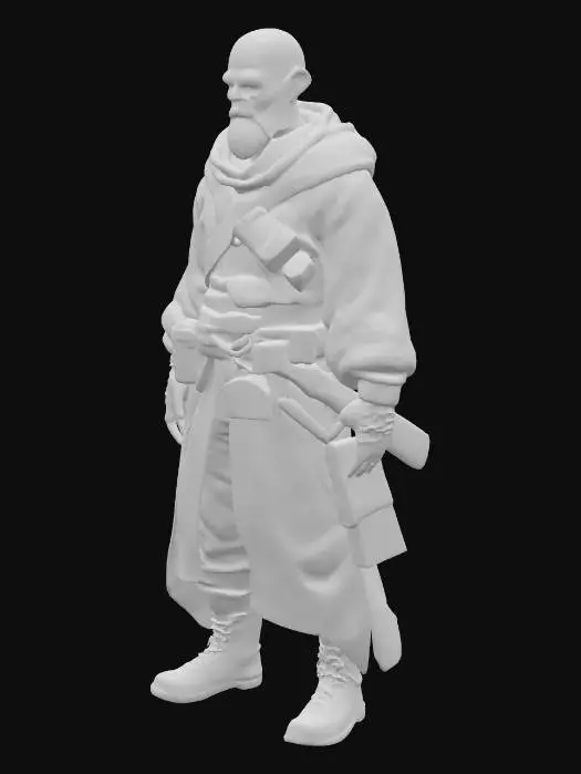 3D model for ## Master Roshi - Outlander

**Build**: 100+ years, 5'8", wiry zero-g muscle, radiation-scarred skin with jury-rigged augments.

**Look**: Chrome-bald with prison barcodes and star-map tattoos. Mismatched salvaged optics (red/green). White beard decorated with data chips and void-creature skulls.



**Rep**: Legendary void-rat who's outlived dozens of crews. Trades forbidden intel between havens—War-Altar weaknesses, bio-weapon codes. Lecherous old bastard who'd sell you for salvage but somehow always survives.

**Philosophy**: "Don't get caught. Everything else is someone's cause trying to get you killed."

Neither zealot nor heretic—just a cunning survivor who knows too much and gives zero fucks about anyone's crusade.