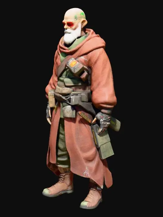 3D model for ## Master Roshi - Outlander

**Build**: 100+ years, 5'8", wiry zero-g muscle, radiation-scarred skin with jury-rigged augments.

**Look**: Chrome-bald with prison barcodes and star-map tattoos. Mismatched salvaged optics (red/green). White beard decorated with data chips and void-creature skulls.



**Rep**: Legendary void-rat who's outlived dozens of crews. Trades forbidden intel between havens—War-Altar weaknesses, bio-weapon codes. Lecherous old bastard who'd sell you for salvage but somehow always survives.

**Philosophy**: "Don't get caught. Everything else is someone's cause trying to get you killed."

Neither zealot nor heretic—just a cunning survivor who knows too much and gives zero fucks about anyone's crusade.