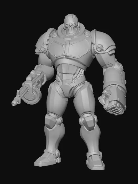 3D model for Unit-17 "Wilhelm"
Warforged Prototype - CR 8

AC 18 (integrated protection) | HP 85 (10d8+40) | Speed 30 ft
STR 19 (+4) | DEX 10 (+0) | CON 18 (+4) | INT 11 (+0) | WIS 12 (+1) | CHA 7 (-2)
Immunities: Poison, Disease, Gas
Resistances: Bludgeoning, Piercing
Doesn't need: Air, food, water, sleep
Actions:

Multiattack: Three attacks
Integrated MG08: +7 to hit, 2d10+4 piercing
Pneumatic Fist: +7 to hit, 2d8+4 bludgeoning
Self-Repair (Bonus): Heal 2d4+4 HP
Overdrive (1/day): Double attacks for 3 rounds, then stunned
Personality: Learning emotions, questions existence, terrifyingly loyal Use: Unstoppable force, philosophical questions, sacrifice scene

