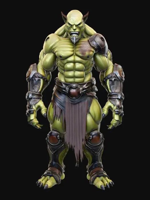 3D model for A formidable orc champion, Skalgar, presents a heavily augmented physique with scarred, olive-green skin. His natural arms are replaced by colossal, dark metallic industrial cyber-gauntlets, intricately designed for brutality with heavy, segmented plating and sharp, menacing claws. These gauntlets exhibit a robust, utilitarian texture, reflecting their purpose. His broad face is hardened, bearing prominent tusks and a determined, unyielding expression.