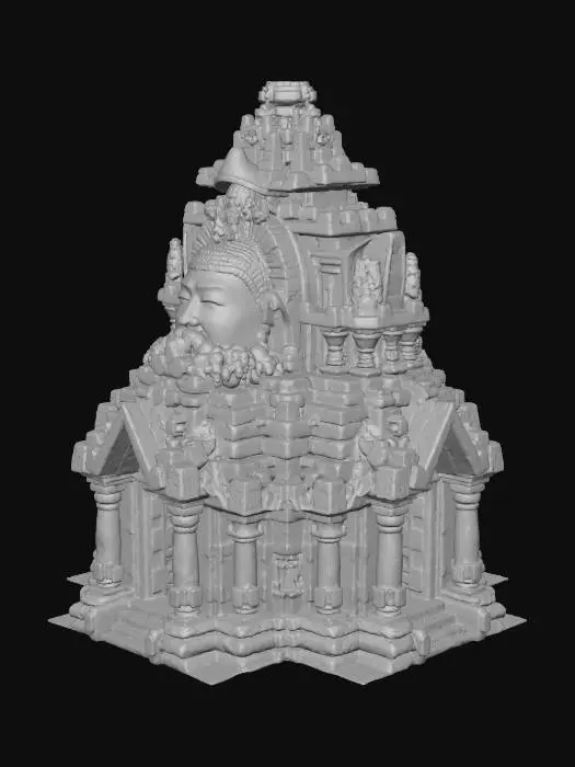 3D model for A colossal ancient temple, its monumental stone structure weathered and heavily overgrown with a deep green moss, giving it a vibrant, earthy texture. The central edifice features a grand entrance flanked by two towering, multi-tiered spires. Each spire is intricately carved with large, serene faces and elaborate relief patterns, enhancing its aged appearance. The underlying material is a rough, grey stone, subtly revealed beneath the dense green patina. Blocky construction defines its shape, appearing immense and timeless under clear, soft daylight.