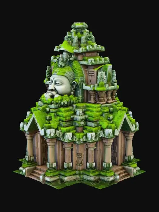 3D model for A colossal ancient temple, its monumental stone structure weathered and heavily overgrown with a deep green moss, giving it a vibrant, earthy texture. The central edifice features a grand entrance flanked by two towering, multi-tiered spires. Each spire is intricately carved with large, serene faces and elaborate relief patterns, enhancing its aged appearance. The underlying material is a rough, grey stone, subtly revealed beneath the dense green patina. Blocky construction defines its shape, appearing immense and timeless under clear, soft daylight.