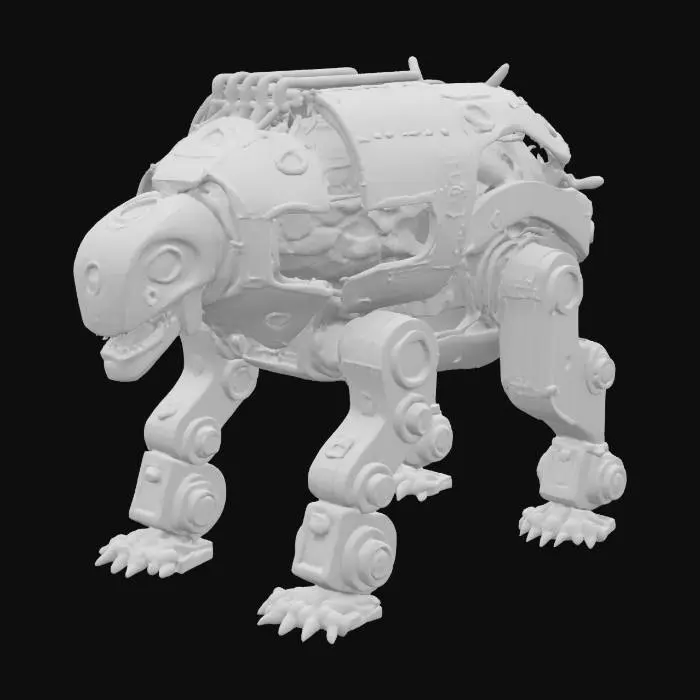 3D model for  Self-assembling machine that consumes raw materials to duplicate themself. Visible internal forge components glow with molten metal. its legs double as mining equipment with plasma cutters and material analyzers.