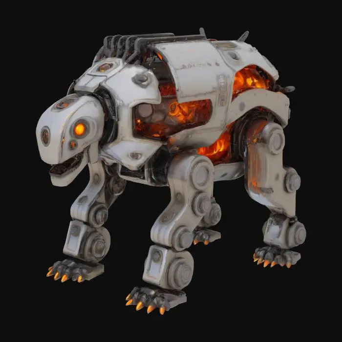 3D model for  Self-assembling machine that consumes raw materials to duplicate themself. Visible internal forge components glow with molten metal. its legs double as mining equipment with plasma cutters and material analyzers.