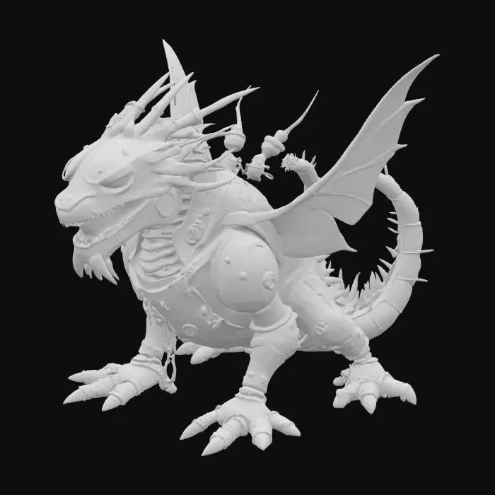 3D model for Vesuvian Clockwork Drake: Not biological, but an artificial beast crafted from coppery gears, pistons, and articulated plates. Internal furnace core glows ominously through vents. Puffs of steam and cinder replace breath. Vibe: Mechanical Terror, Industrial Might.
Descriptors: Weathered copper/brass construction, visible intricate gearwork, glowing furnace core vents, steam emission points, sharp metallic claws.