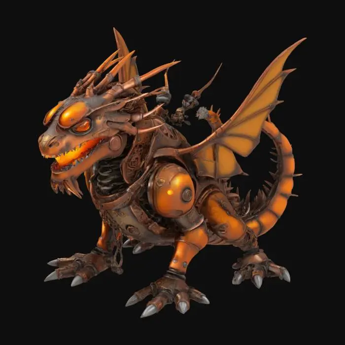 3D model for Vesuvian Clockwork Drake: Not biological, but an artificial beast crafted from coppery gears, pistons, and articulated plates. Internal furnace core glows ominously through vents. Puffs of steam and cinder replace breath. Vibe: Mechanical Terror, Industrial Might.
Descriptors: Weathered copper/brass construction, visible intricate gearwork, glowing furnace core vents, steam emission points, sharp metallic claws.