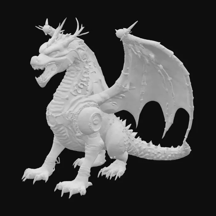 3D model for Vesuvian Clockwork Drake: Not biological, but an artificial beast crafted from coppery gears, pistons, and articulated plates. Internal furnace core glows ominously through vents. Puffs of steam and cinder replace breath. Vibe: Mechanical Terror, Industrial Might.
Descriptors: Weathered copper/brass construction, visible intricate gearwork, glowing furnace core vents, steam emission points, sharp metallic claws.