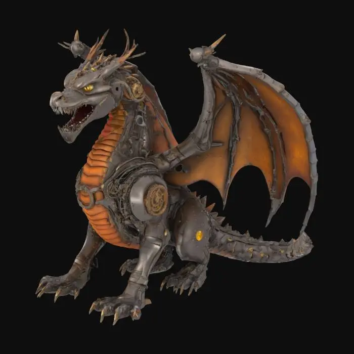 3D model for Vesuvian Clockwork Drake: Not biological, but an artificial beast crafted from coppery gears, pistons, and articulated plates. Internal furnace core glows ominously through vents. Puffs of steam and cinder replace breath. Vibe: Mechanical Terror, Industrial Might.
Descriptors: Weathered copper/brass construction, visible intricate gearwork, glowing furnace core vents, steam emission points, sharp metallic claws.