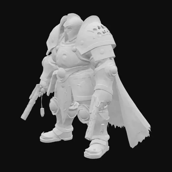 3D model for Flintlock orc Fury Knight: Heavy Gothic plate armor, but gauntlets end in integrated multi-barreled flintlock pistols (like gun-fists). Greathelm visor is a grid of gun-ports revealing glowing eyes. Smoldering match-cords hang from joints. Vibe: Gunpowder Juggernaut, Walking Battleship.