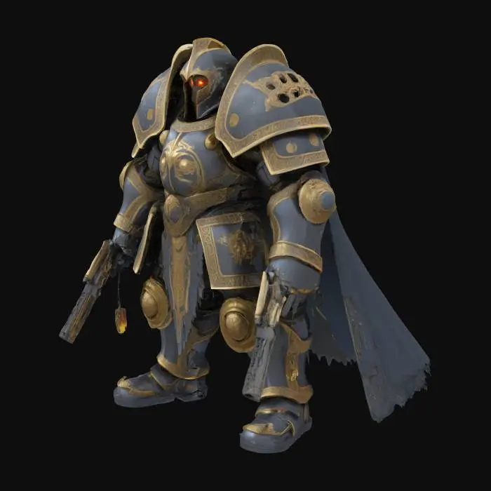 3D model for Flintlock orc Fury Knight: Heavy Gothic plate armor, but gauntlets end in integrated multi-barreled flintlock pistols (like gun-fists). Greathelm visor is a grid of gun-ports revealing glowing eyes. Smoldering match-cords hang from joints. Vibe: Gunpowder Juggernaut, Walking Battleship.