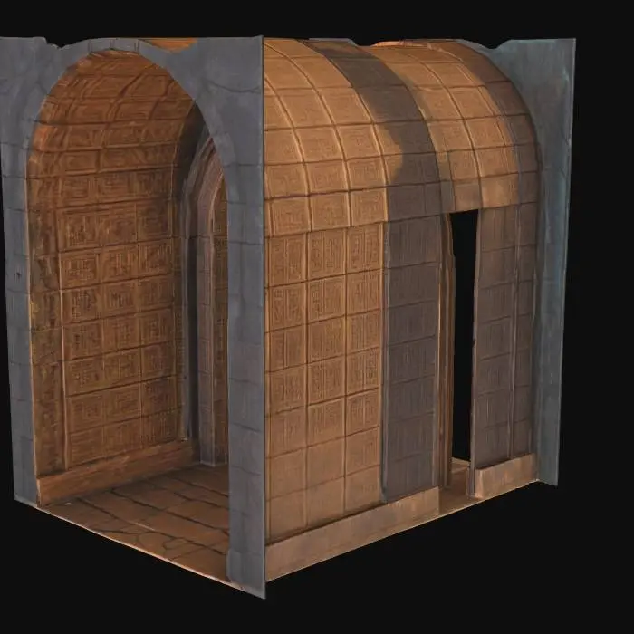 3D model for an ancient doorway, a portal to another universe, a gateway, at the end of a long semi circular beautiful arched tunnel, highly detailed, 8k quality, monumental, eldritch and monilithic