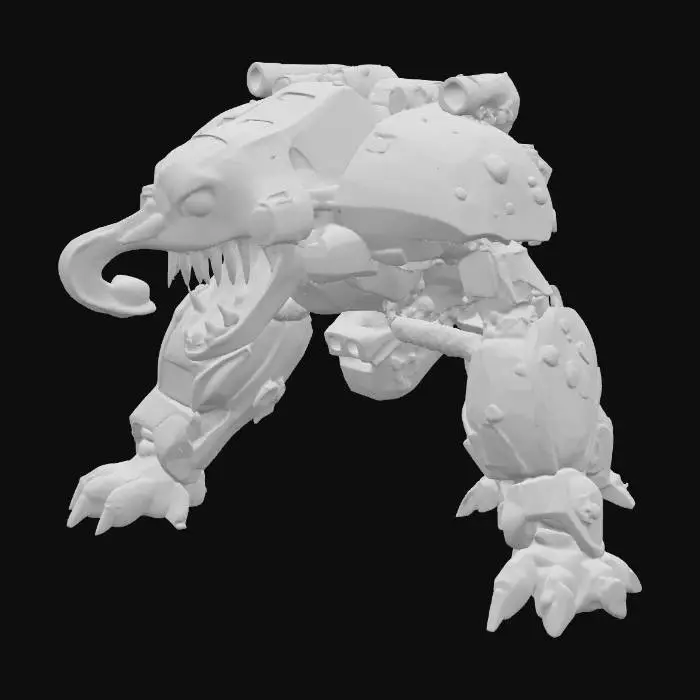 3D model for A formidable bipedal robot, heavily armored with robust, segmented metal plates in a weathered charcoal gray and dull reddish-orange, suggesting aged, industrial construction. Its surface exhibits a rough, scuffed texture with visible bolts, rivets, and streaks of rust, giving it a battle-hardened appearance. The menacing head features glowing orange eyes and a snarling maw revealing sharp, jagged teeth. Bulky limbs and large shoulder-mounted cannons contribute to its imposing, powerful stance