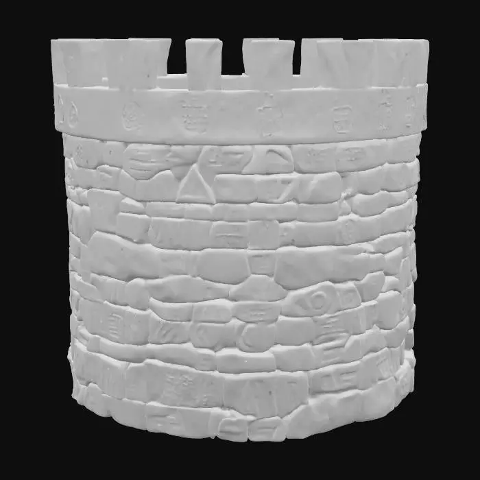 3D model for An orc castle wall, one wall, highly detailed, high quality texture and mesh, modular, photorealistic, real stone, rough, life like, 8k material, runes and  glyphs carve and glow on the surface, battle has happened here