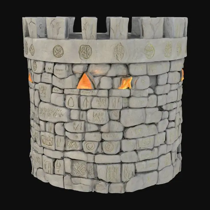 3D model for An orc castle wall, one wall, highly detailed, high quality texture and mesh, modular, photorealistic, real stone, rough, life like, 8k material, runes and  glyphs carve and glow on the surface, battle has happened here