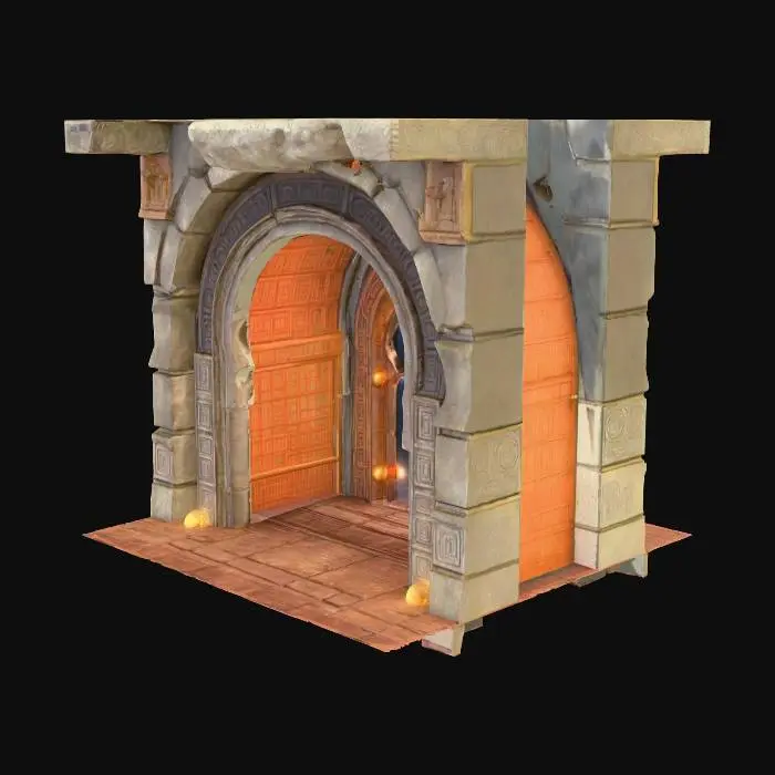 3D model for an ancient doorway, a portal to another universe, a gateway, at the end of a long semi circular beautiful arched tunnel, highly detailed, 8k quality