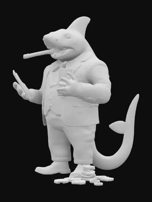 3D model for A highly detailed 3D model of a humanoid shark dressed as a high-rolling gambler. His sleek, blue-gray skin is marked with glowing ace symbols, and his sharp teeth form a confident smirk. He wears a stylish, deep purple casino suit with gold accents, and a cigar burns between his fingers. His deck of razor-sharp playing cards hovers around him, and his gold-plated poker chips spin in the air, charged with an unseen energy. He is the embodiment of skill, risk, and reward.