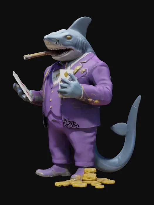 3D model for A highly detailed 3D model of a humanoid shark dressed as a high-rolling gambler. His sleek, blue-gray skin is marked with glowing ace symbols, and his sharp teeth form a confident smirk. He wears a stylish, deep purple casino suit with gold accents, and a cigar burns between his fingers. His deck of razor-sharp playing cards hovers around him, and his gold-plated poker chips spin in the air, charged with an unseen energy. He is the embodiment of skill, risk, and reward.