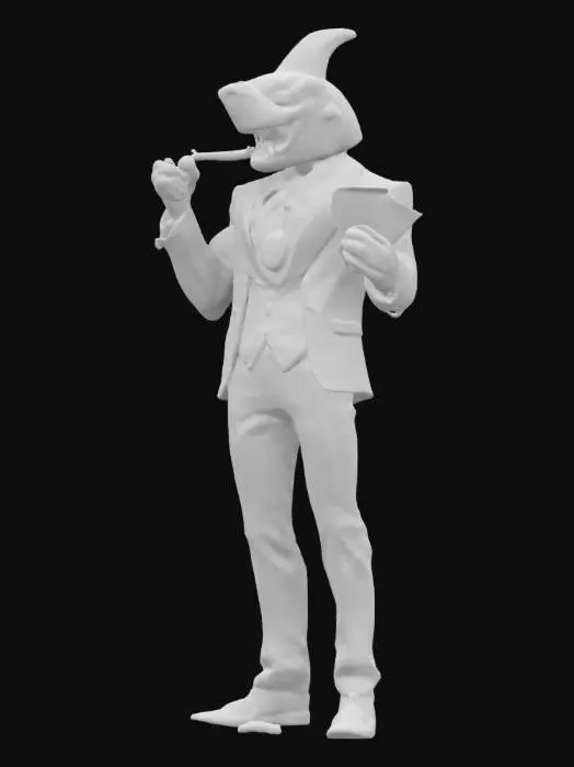 3D model for A highly detailed 3D model of a humanoid shark dressed as a high-rolling gambler. His sleek, blue-gray skin is marked with glowing ace symbols, and his sharp teeth form a confident smirk. He wears a stylish, deep purple casino suit with gold accents, and a cigar burns between his fingers. His deck of razor-sharp playing cards hovers around him, and his gold-plated poker chips spin in the air, charged with an unseen energy. He is the embodiment of skill, risk, and reward.
