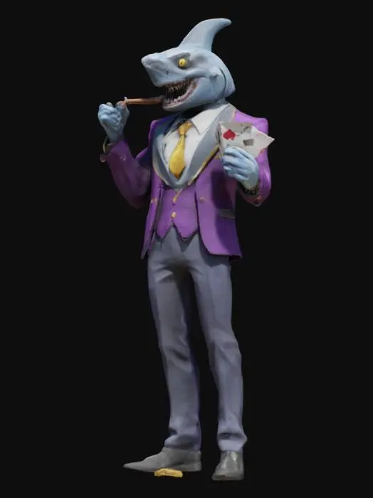 3D model for A highly detailed 3D model of a humanoid shark dressed as a high-rolling gambler. His sleek, blue-gray skin is marked with glowing ace symbols, and his sharp teeth form a confident smirk. He wears a stylish, deep purple casino suit with gold accents, and a cigar burns between his fingers. His deck of razor-sharp playing cards hovers around him, and his gold-plated poker chips spin in the air, charged with an unseen energy. He is the embodiment of skill, risk, and reward.