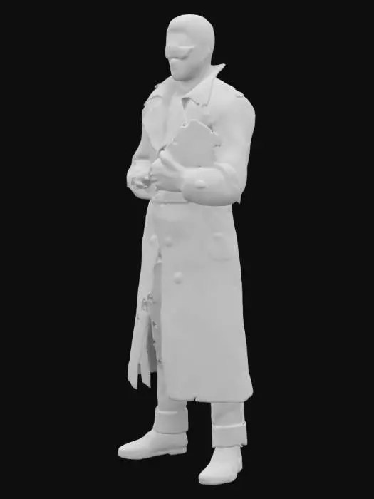 3D model for A highly detailed 3D model of a mysterious, blindfolded poker player with an aura of luck and misfortune. He wears a dark trench coat adorned with neon card symbols, and his gloves shimmer with golden runes. His left hand holds a royal flush, while his right grips a glowing blue chip. His eyes are hidden beneath a silk blindfold marked with a single red joker. A trail of burning, spectral playing cards floats behind him, hinting at a fate decided by the deck.