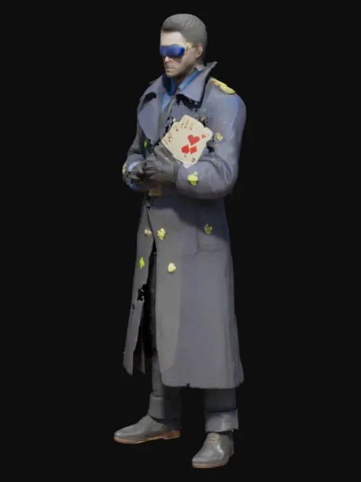 3D model for A highly detailed 3D model of a mysterious, blindfolded poker player with an aura of luck and misfortune. He wears a dark trench coat adorned with neon card symbols, and his gloves shimmer with golden runes. His left hand holds a royal flush, while his right grips a glowing blue chip. His eyes are hidden beneath a silk blindfold marked with a single red joker. A trail of burning, spectral playing cards floats behind him, hinting at a fate decided by the deck.