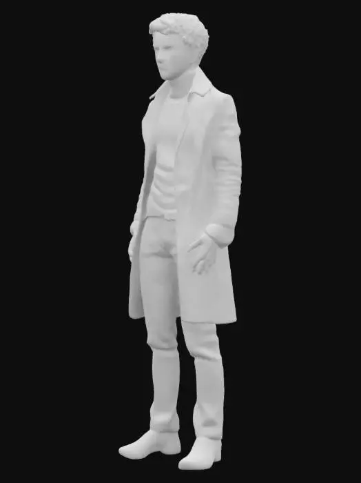 3D model for "A tall, thin man with a sharp, angular face and messy black hair falling over his forehead. His narrow, piercing eyes always have a calculating, almost sinister gleam, as if he’s constantly analyzing everything. He wears a dark blue turtleneck sweater under a long black coat, giving him a cold, intellectual presence. His posture is relaxed yet imposing, often leaning forward with fingers interlocked as he delivers his ruthless philosophies about football.