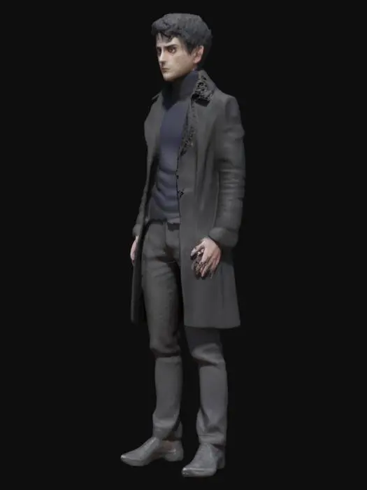 3D model for "A tall, thin man with a sharp, angular face and messy black hair falling over his forehead. His narrow, piercing eyes always have a calculating, almost sinister gleam, as if he’s constantly analyzing everything. He wears a dark blue turtleneck sweater under a long black coat, giving him a cold, intellectual presence. His posture is relaxed yet imposing, often leaning forward with fingers interlocked as he delivers his ruthless philosophies about football.