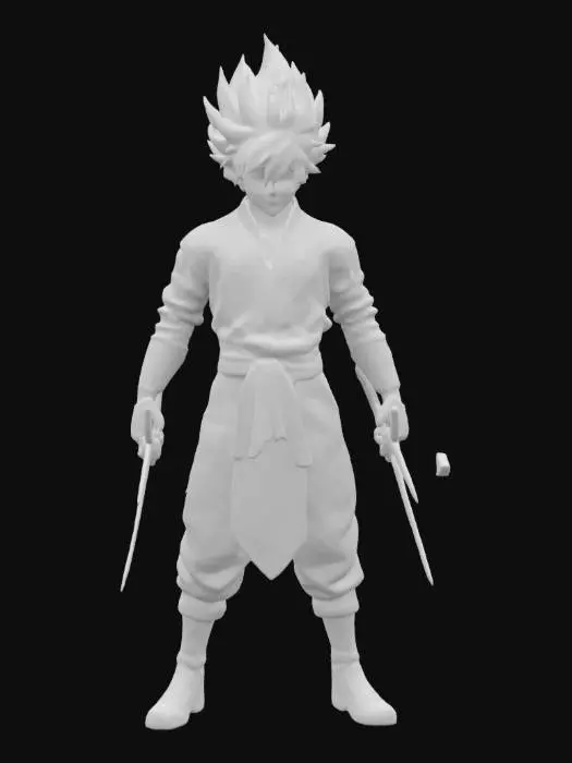 3D model for A tall, lean ninja with wild silver hair and deep blue eyes. He wears a dark blue gi with lightning-shaped embroidery and metal-plated gloves that channel his storm-based jutsu. His headband is worn on his forearm, and he wields dual kunai that crackle with electricity. His signature technique, ‘Thunder Phantom Step,’ makes him nearly impossible to track.
