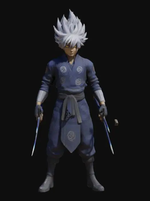 3D model for A tall, lean ninja with wild silver hair and deep blue eyes. He wears a dark blue gi with lightning-shaped embroidery and metal-plated gloves that channel his storm-based jutsu. His headband is worn on his forearm, and he wields dual kunai that crackle with electricity. His signature technique, ‘Thunder Phantom Step,’ makes him nearly impossible to track.