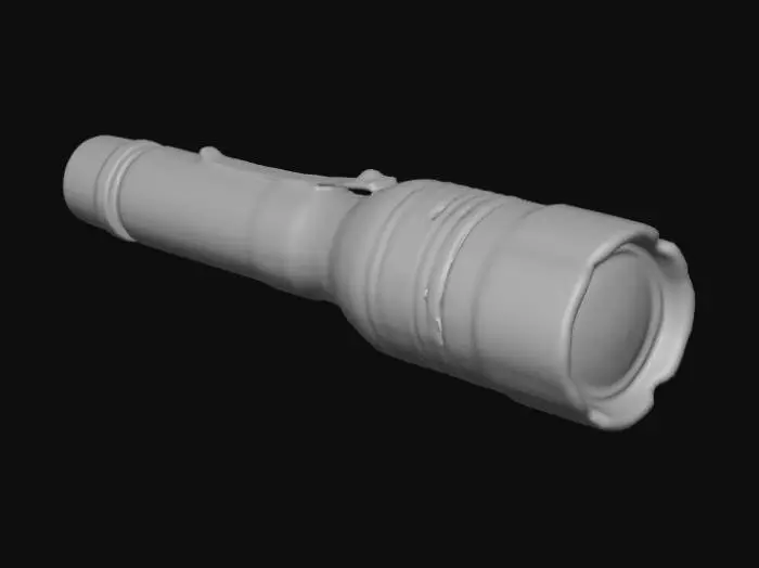 3D model for realistic lowpoly flashlight prop, simple cylindrical body with rubber grip, slightly scratched black metal texture, subtle dirt details, optimized topology under 10k triangles, Roblox Studio compatible, horror game asset, cinematic lighting, dark background