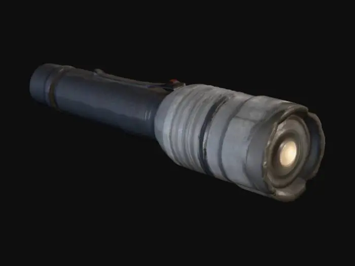 3D model for realistic lowpoly flashlight prop, simple cylindrical body with rubber grip, slightly scratched black metal texture, subtle dirt details, optimized topology under 10k triangles, Roblox Studio compatible, horror game asset, cinematic lighting, dark background