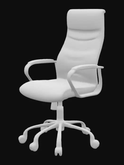 3D model for 中文：一个流线型的现代办公椅，有黑色皮革座椅和镀铬金属框架，带有可调节的扶手和五轮底座。英文：A streamlined modern office chair with a black leather seat and chrome metal frame, featuring adjustable armrests and a five wheel base.