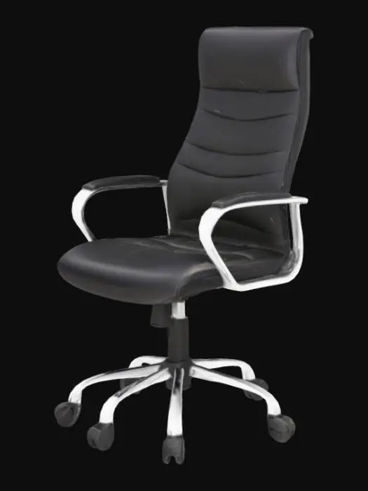 3D model for 中文：一个流线型的现代办公椅，有黑色皮革座椅和镀铬金属框架，带有可调节的扶手和五轮底座。英文：A streamlined modern office chair with a black leather seat and chrome metal frame, featuring adjustable armrests and a five wheel base.