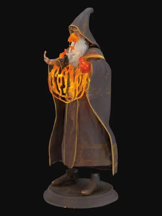 3D model for Make a fantasy wizard wielding a fireball to use in a miniature game. Put figure on a base