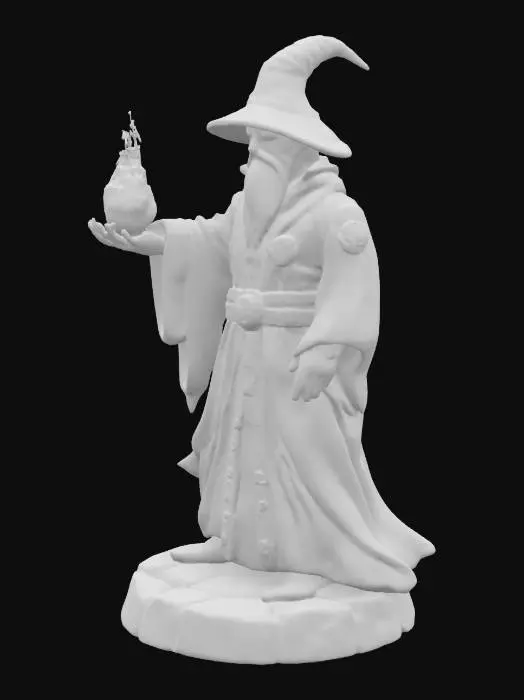 3D model for Make a fantasy wizard wielding a fireball to use in a miniature game. Put figure on a base