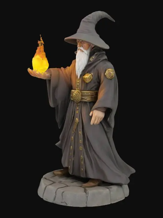 3D model for Make a fantasy wizard wielding a fireball to use in a miniature game. Put figure on a base