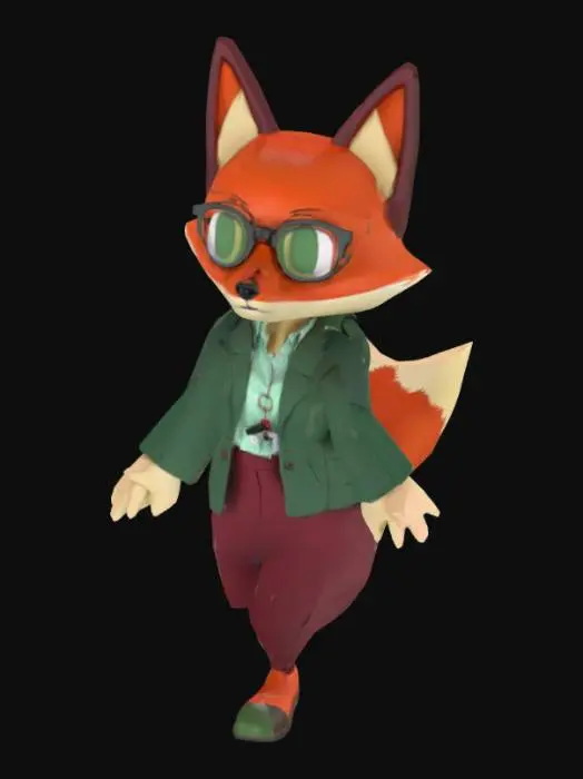 3D model for Humanoidalna postać lisicy, kobieta. Przyjazna, z dużymi oczami, rudym futrem i puszystym ogonem. Stylizowana na nauczycielkę – nosi okulary, bluzkę, zieloną marynarkę, bordowe spodnie i wygodne buty. Na szyi ma gwizdek i identyfikator. Styl graficzny kreskówkowy, uproszczony, kolorystyka pastelowa i przyjemna , low poly.  Ma być  w pozycji T do późnijeszego Rigowania
