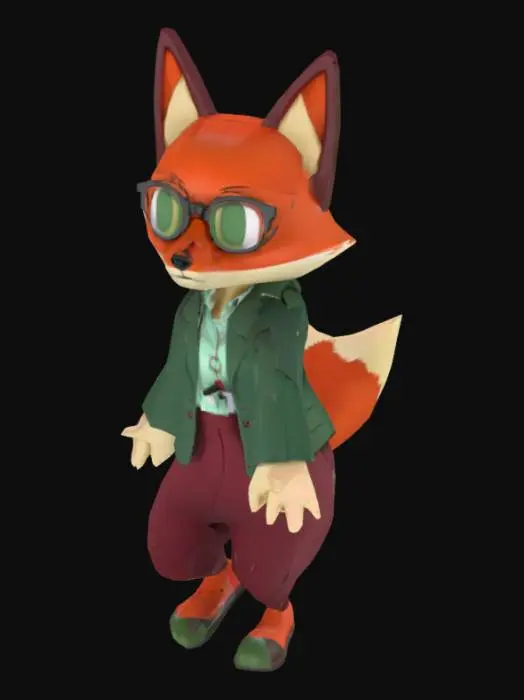 3D model for Humanoidalna postać lisicy, kobieta. Przyjazna, z dużymi oczami, rudym futrem i puszystym ogonem. Stylizowana na nauczycielkę – nosi okulary, bluzkę, zieloną marynarkę, bordowe spodnie i wygodne buty. Na szyi ma gwizdek i identyfikator. Styl graficzny kreskówkowy, uproszczony, kolorystyka pastelowa i przyjemna , low poly.  Ma być  w pozycji T do późnijeszego Rigowania

