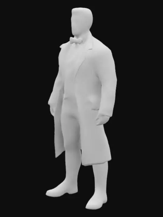 3D model for #realistic#, a high-res 3D model of a 1.79m male in Symmetrical , game-ready T-Pose Standing. Ensure a toned, medium build with defined  arms for Mixamo rigging. The character has short hair and moustache, wears a textured brown jacket with xix century bowtie ,a  knee-high boots, and light pants, reflecting the 1800s era. Focus on realistic attire and physique, with clear, proportional 5 fingers on each hand. Suitable for a historical game setting, 4K realism