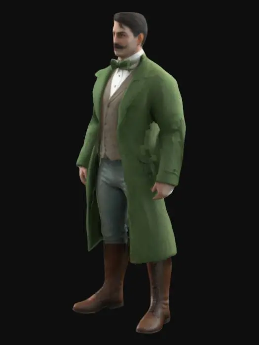 3D model for #realistic#, a high-res 3D model of a 1.79m male in Symmetrical , game-ready T-Pose Standing. Ensure a toned, medium build with defined  arms for Mixamo rigging. The character has short hair and moustache, wears a textured brown jacket with xix century bowtie ,a  knee-high boots, and light pants, reflecting the 1800s era. Focus on realistic attire and physique, with clear, proportional 5 fingers on each hand. Suitable for a historical game setting, 4K realism