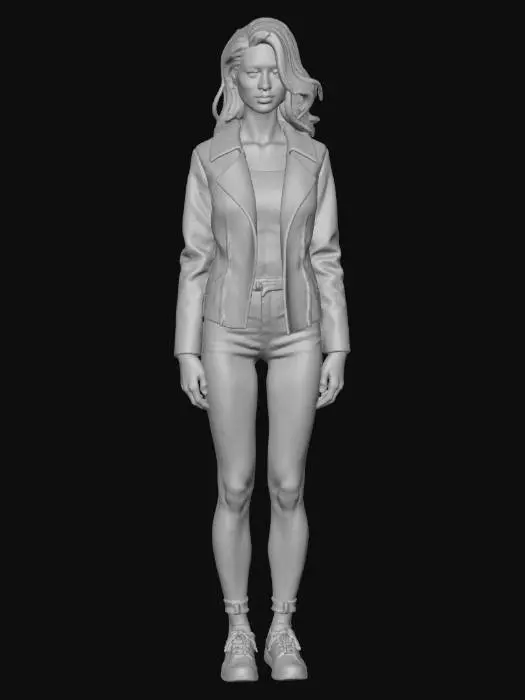 3D model for Realistic female slim character with realistic hair and realistic face. Don't forget realistic nose, eyes and mouth. Realistic Nose and eye shapes are extremely important. Leather jacket, denim trousers and sporty running shoes.