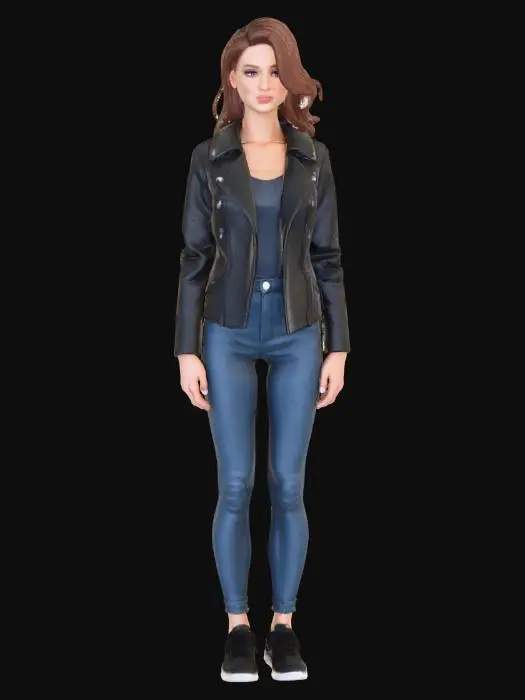 3D model for Realistic female slim character with realistic hair and realistic face. Don't forget realistic nose, eyes and mouth. Realistic Nose and eye shapes are extremely important. Leather jacket, denim trousers and sporty running shoes.