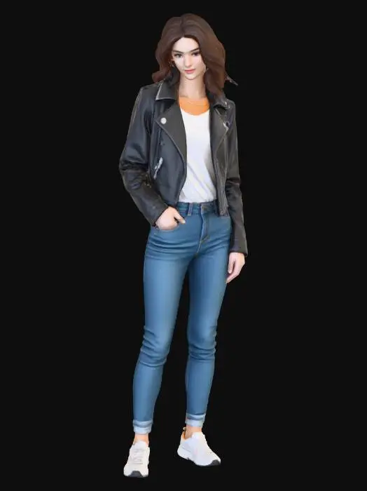 3D model for Realistic female slim character in 20s with realistic hair and realistic face. Don't forget realistic nose, eyes and mouth. Realistic Nose and eye shapes are extremely important. Leather jacket, denim trousers and sporty running shoes.