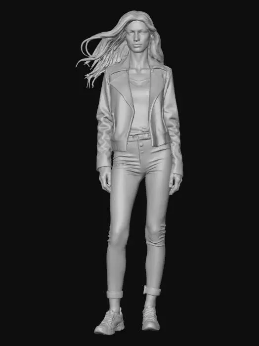 3D model for A highly realistic 3D model of a slim female character in her 20s. She features lifelike facial details with critically accurate, natural nose and eye shapes, complemented by a realistic mouth and flowing hair. She wears a sleek, subtly textured leather jacket, well-fitted blue denim trousers, and modern sporty running shoes with layered materials and distinct tread patterns.