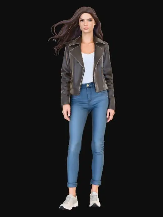 3D model for A highly realistic 3D model of a slim female character in her 20s. She features lifelike facial details with critically accurate, natural nose and eye shapes, complemented by a realistic mouth and flowing hair. She wears a sleek, subtly textured leather jacket, well-fitted blue denim trousers, and modern sporty running shoes with layered materials and distinct tread patterns.